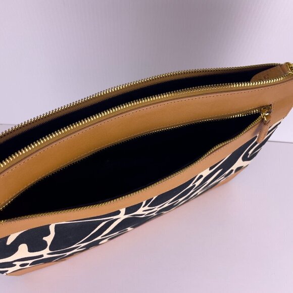 DIANE VON FURSTENBERG Large Print Canvas Tan Leather Laptop Cosmetic Pouch Bag - Picture 6 of 7